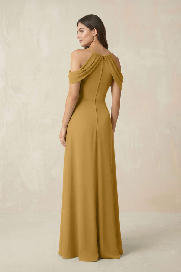Off-the-Shoulder Chiffon Sheath Bridesmaid Dress With Slit in Marigold (2) | KISSBRIDAL