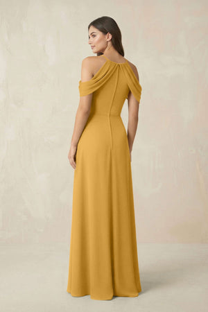 Off - the - Shoulder Chiffon Sheath Bridesmaid Dress With Slit in Marigold - SHE IS ME Bridesmaid Dresses