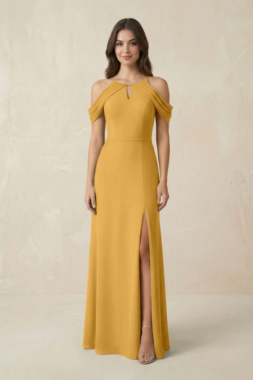 Off - the - Shoulder Chiffon Sheath Bridesmaid Dress With Slit in Marigold - KISS BRIDAL Bridesmaid Dresses