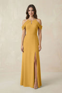 Off - the - Shoulder Chiffon Sheath Bridesmaid Dress With Slit in Marigold - SHE IS ME Bridesmaid Dresses