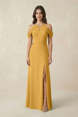 Off - the - Shoulder Chiffon Sheath Bridesmaid Dress With Slit in Marigold - SHE IS ME Bridesmaid Dresses