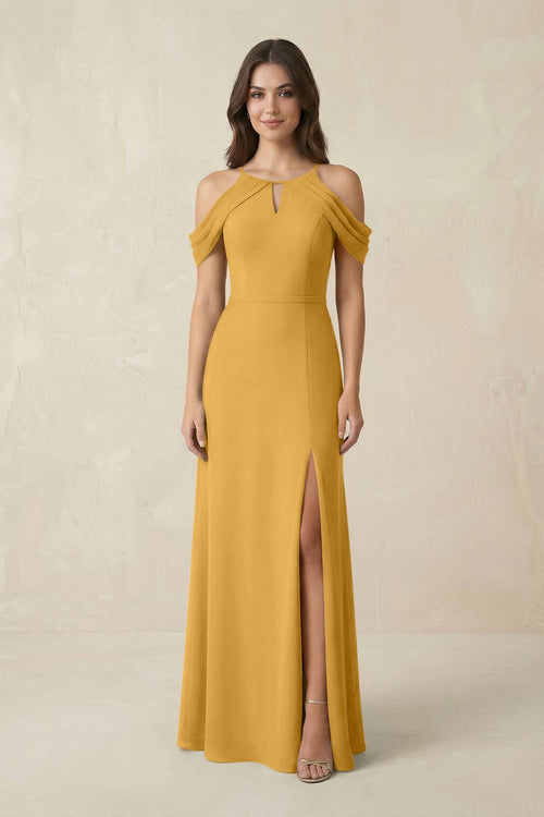 Off - the - Shoulder Chiffon Sheath Bridesmaid Dress With Slit in Marigold - SHE IS ME Bridesmaid Dresses