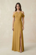 Off-the-Shoulder Chiffon Sheath Bridesmaid Dress With Slit in Marigold | KISSBRIDAL