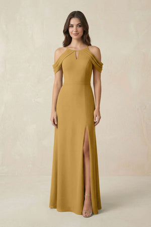 Off-the-Shoulder Chiffon Sheath Bridesmaid Dress With Slit in Marigold | KISSBRIDAL