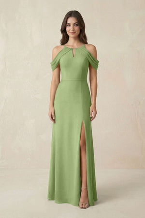 Off - the - Shoulder Chiffon Sheath Bridesmaid Dress With Slit in Matcha - SHE IS ME Bridesmaid Dresses