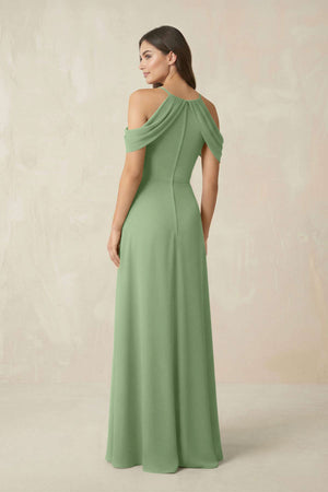 Off-the-Shoulder Chiffon Sheath Bridesmaid Dress With Slit in Matcha (2) | KISSBRIDAL