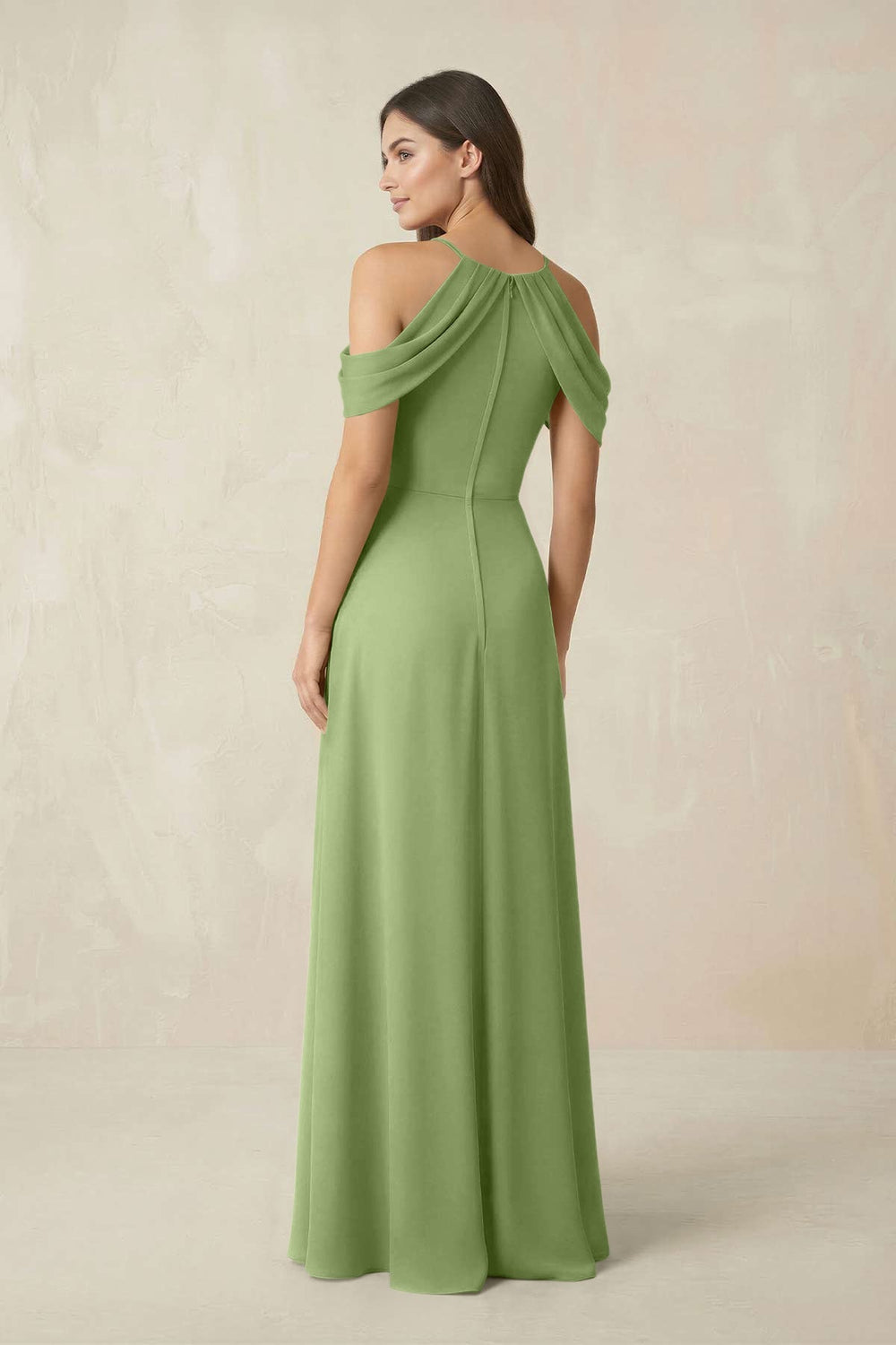 Off - the - Shoulder Chiffon Sheath Bridesmaid Dress With Slit in Matcha - KISS BRIDAL Bridesmaid Dresses