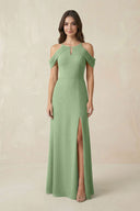 Off-the-Shoulder Chiffon Sheath Bridesmaid Dress With Slit in Matcha | KISSBRIDAL