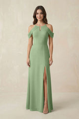 Off-the-Shoulder Chiffon Sheath Bridesmaid Dress With Slit in Matcha | KISSBRIDAL