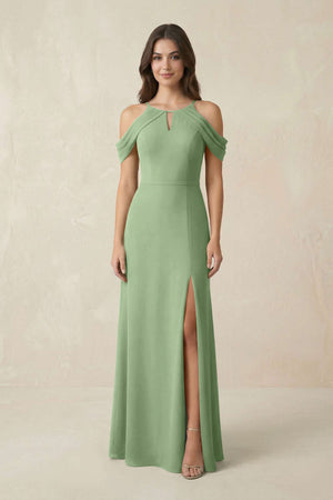 Off-the-Shoulder Chiffon Sheath Bridesmaid Dress With Slit in Matcha | KISSBRIDAL