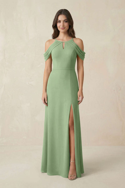 Off-the-Shoulder Chiffon Sheath Bridesmaid Dress With Slit in Matcha | KISSBRIDAL
