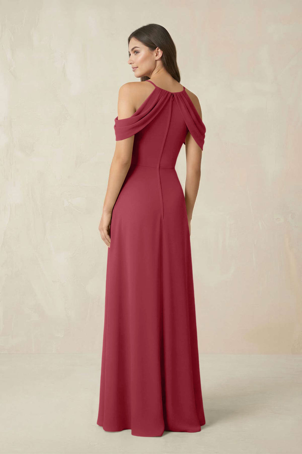 Off-the-Shoulder Chiffon Sheath Bridesmaid Dress With Slit in Merlot