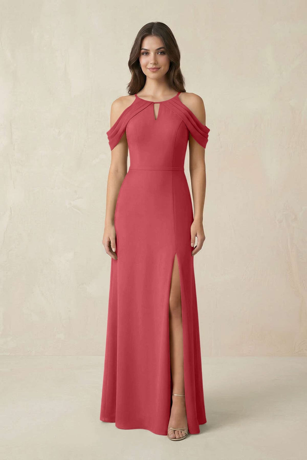 Off - the - Shoulder Chiffon Sheath Bridesmaid Dress With Slit in Merlot - KISS BRIDAL Bridesmaid Dresses
