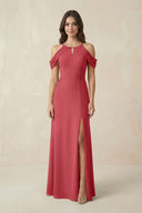 Off - the - Shoulder Chiffon Sheath Bridesmaid Dress With Slit in Merlot - SHE IS ME Bridesmaid Dresses