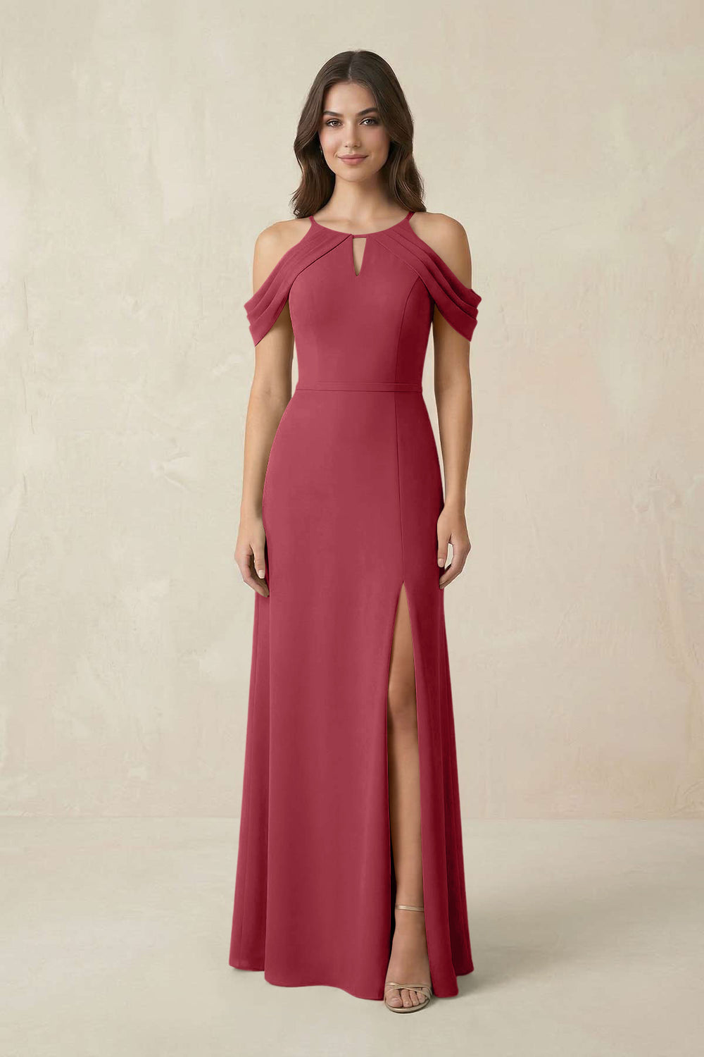 Off-the-Shoulder Chiffon Sheath Bridesmaid Dress With Slit in Merlot