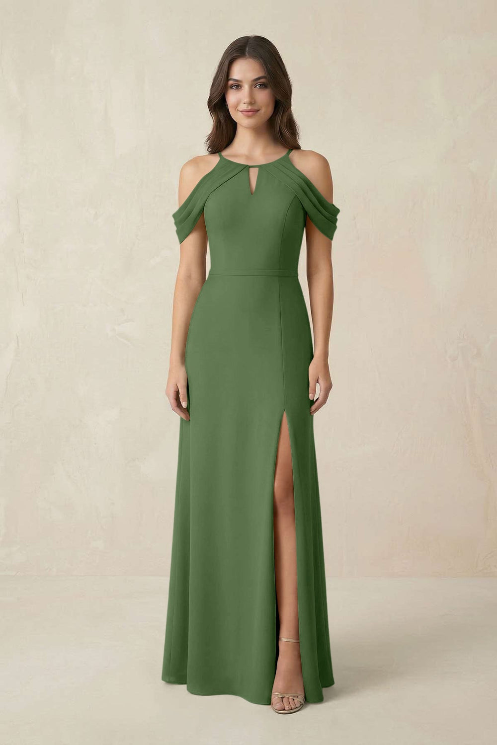 Off - the - Shoulder Chiffon Sheath Bridesmaid Dress With Slit in Moss - KISS BRIDAL Bridesmaid Dresses
