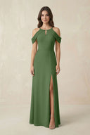 Off - the - Shoulder Chiffon Sheath Bridesmaid Dress With Slit in Moss - SHE IS ME Bridesmaid Dresses