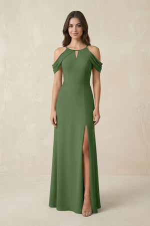 Off - the - Shoulder Chiffon Sheath Bridesmaid Dress With Slit in Moss - SHE IS ME Bridesmaid Dresses