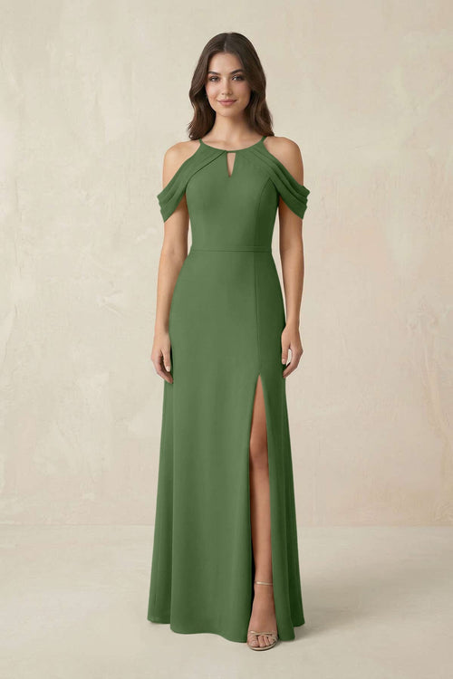 Off - the - Shoulder Chiffon Sheath Bridesmaid Dress With Slit in Moss - SHE IS ME Bridesmaid Dresses
