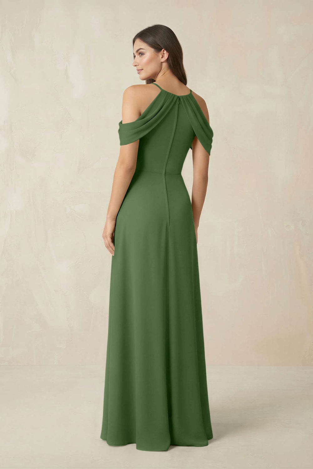 Off - the - Shoulder Chiffon Sheath Bridesmaid Dress With Slit in Moss - KISS BRIDAL Bridesmaid Dresses