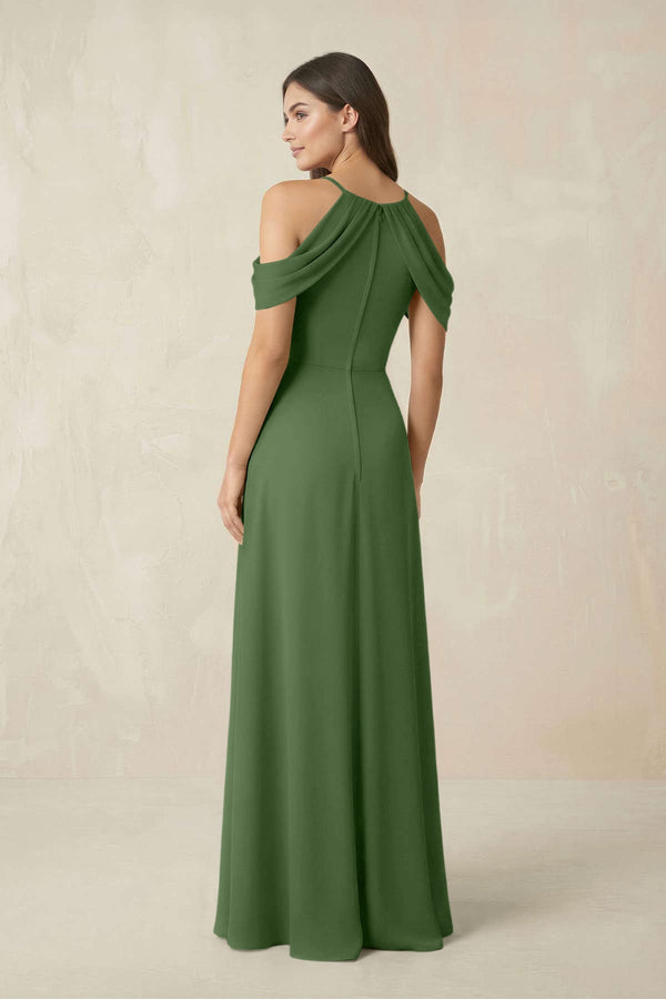 Off - the - Shoulder Chiffon Sheath Bridesmaid Dress With Slit in Moss - SHE IS ME Bridesmaid Dresses