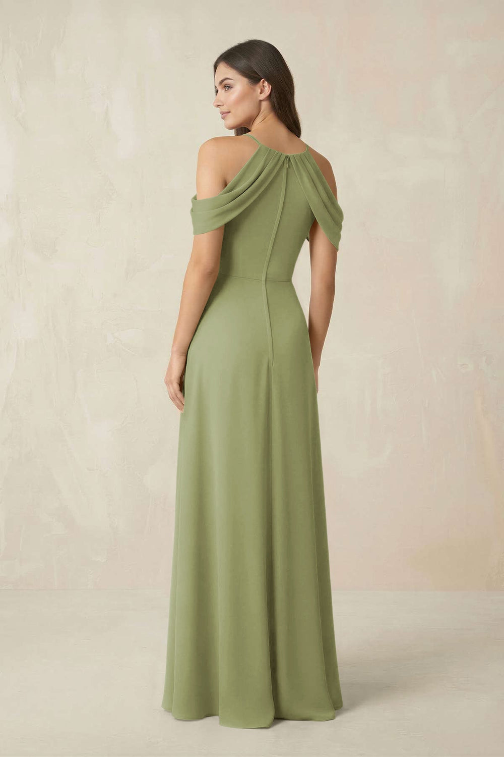 Off - the - Shoulder Chiffon Sheath Bridesmaid Dress With Slit in Moss Green - KISS BRIDAL Bridesmaid Dresses