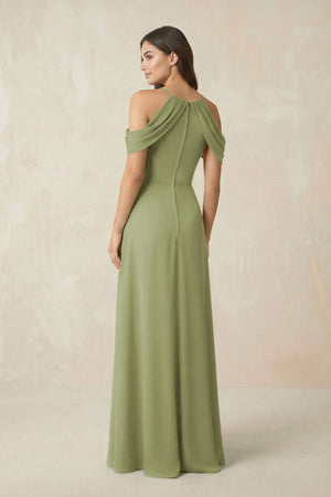 Off - the - Shoulder Chiffon Sheath Bridesmaid Dress With Slit in Moss Green - SHE IS ME Bridesmaid Dresses