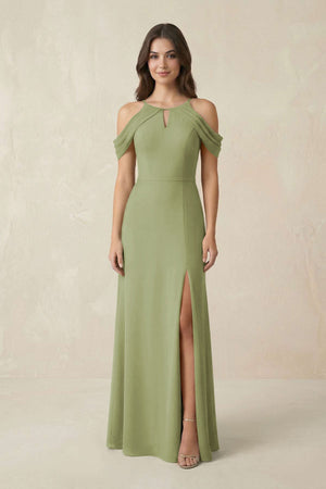 Off - the - Shoulder Chiffon Sheath Bridesmaid Dress With Slit in Moss Green - SHE IS ME Bridesmaid Dresses