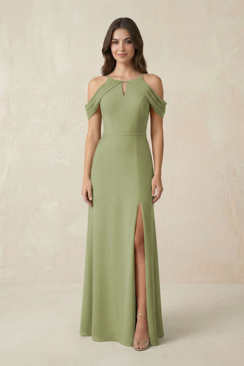 Off - the - Shoulder Chiffon Sheath Bridesmaid Dress With Slit in Moss Green - SHE IS ME Bridesmaid Dresses