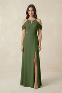 Off-the-Shoulder Chiffon Sheath Bridesmaid Dress With Slit in Moss | KISSBRIDAL