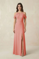 Off - the - Shoulder Chiffon Sheath Bridesmaid Dress With Slit in Mulberry - SHE IS ME Bridesmaid Dresses