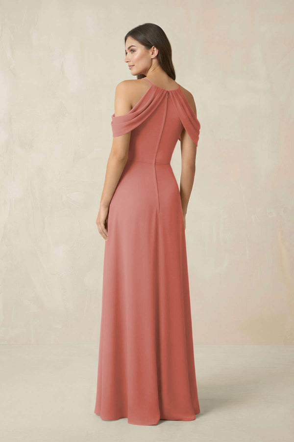 Off-the-Shoulder Chiffon Sheath Bridesmaid Dress With Slit in Mulberry (2) | KISSBRIDAL