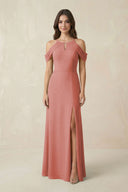 Off-the-Shoulder Chiffon Sheath Bridesmaid Dress With Slit in Mulberry | KISSBRIDAL