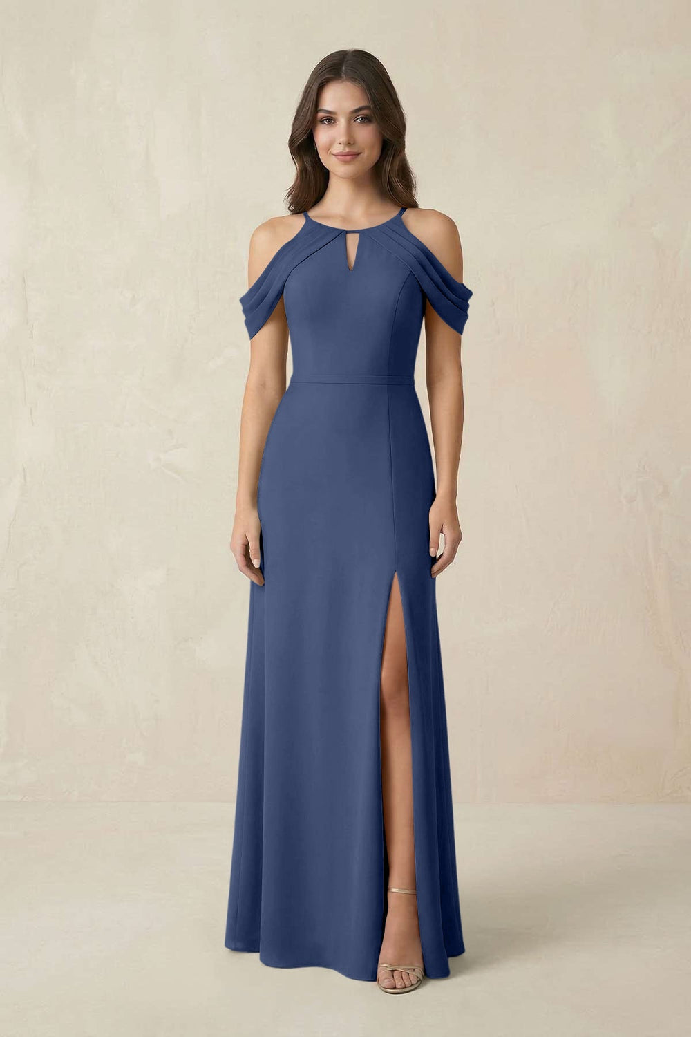 Off - the - Shoulder Chiffon Sheath Bridesmaid Dress With Slit in Navy - KISS BRIDAL Bridesmaid Dresses