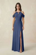 Off - the - Shoulder Chiffon Sheath Bridesmaid Dress With Slit in Navy - SHE IS ME Bridesmaid Dresses