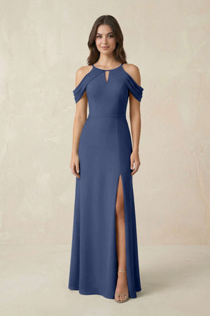 Off - the - Shoulder Chiffon Sheath Bridesmaid Dress With Slit in Navy - SHE IS ME Bridesmaid Dresses