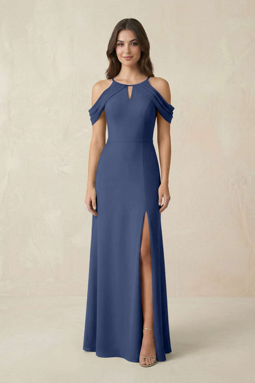 Off - the - Shoulder Chiffon Sheath Bridesmaid Dress With Slit in Navy - SHE IS ME Bridesmaid Dresses