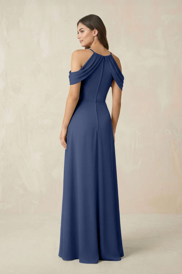Off - the - Shoulder Chiffon Sheath Bridesmaid Dress With Slit in Navy - SHE IS ME Bridesmaid Dresses
