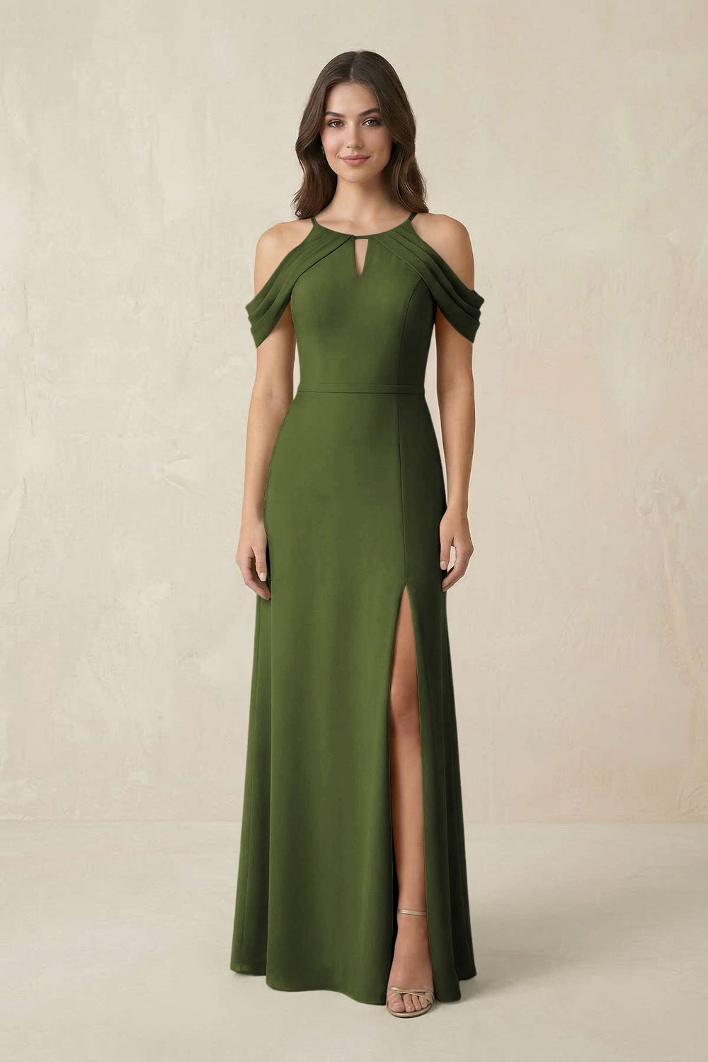 Off - the - Shoulder Chiffon Sheath Bridesmaid Dress With Slit in Olive - KISS BRIDAL Bridesmaid Dresses
