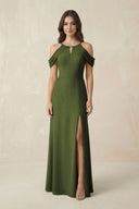 Off - the - Shoulder Chiffon Sheath Bridesmaid Dress With Slit in Olive - SHE IS ME Bridesmaid Dresses