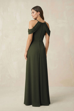 Off-the-Shoulder Chiffon Sheath Bridesmaid Dress With Slit in Olive (2) | KISSBRIDAL
