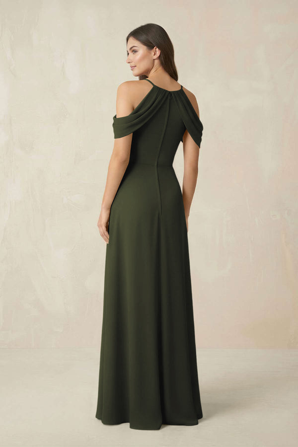 Off-the-Shoulder Chiffon Sheath Bridesmaid Dress With Slit in Olive (2) | KISSBRIDAL