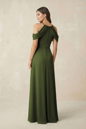 Off - the - Shoulder Chiffon Sheath Bridesmaid Dress With Slit in Olive - SHE IS ME Bridesmaid Dresses