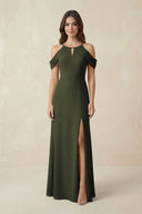 Off-the-Shoulder Chiffon Sheath Bridesmaid Dress With Slit in Olive | KISSBRIDAL