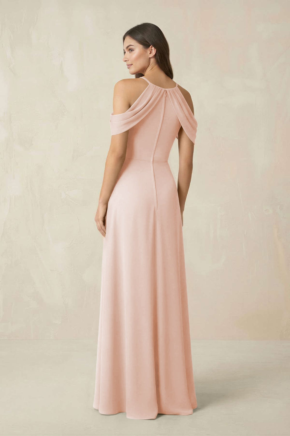 Off - the - Shoulder Chiffon Sheath Bridesmaid Dress With Slit in Pale Blush - KISS BRIDAL Bridesmaid Dresses