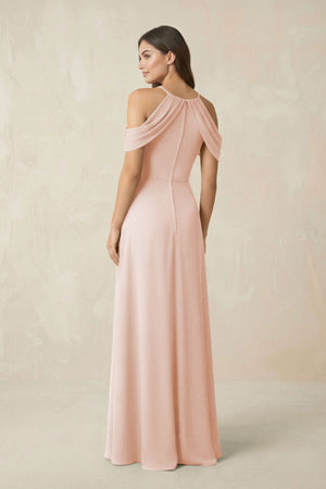Off - the - Shoulder Chiffon Sheath Bridesmaid Dress With Slit in Pale Blush - SHE IS ME Bridesmaid Dresses