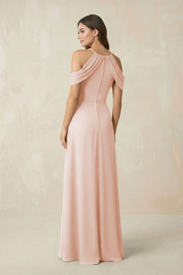 Off - the - Shoulder Chiffon Sheath Bridesmaid Dress With Slit in Pale Blush - SHE IS ME Bridesmaid Dresses