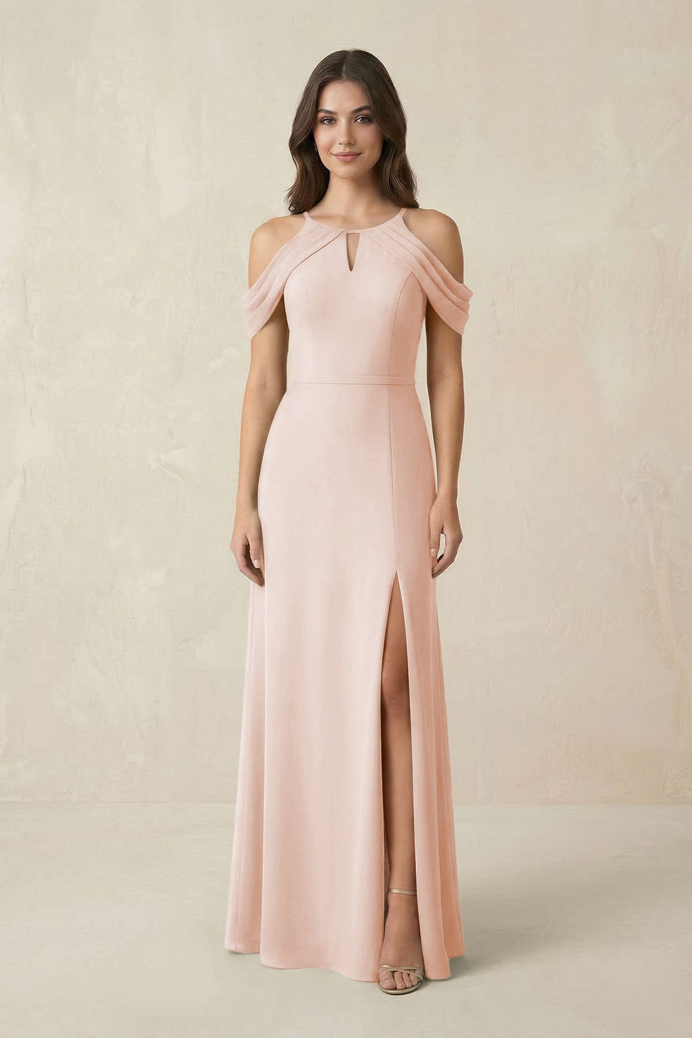 Off - the - Shoulder Chiffon Sheath Bridesmaid Dress With Slit in Pale Blush - KISS BRIDAL Bridesmaid Dresses