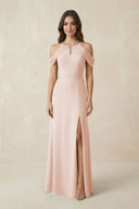 Off - the - Shoulder Chiffon Sheath Bridesmaid Dress With Slit in Pale Blush - SHE IS ME Bridesmaid Dresses
