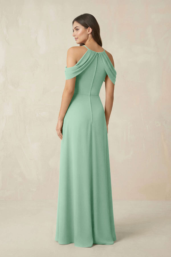 Off-the-Shoulder Chiffon Sheath Bridesmaid Dress With Slit in Pale Pistachio (2) | KISSBRIDAL